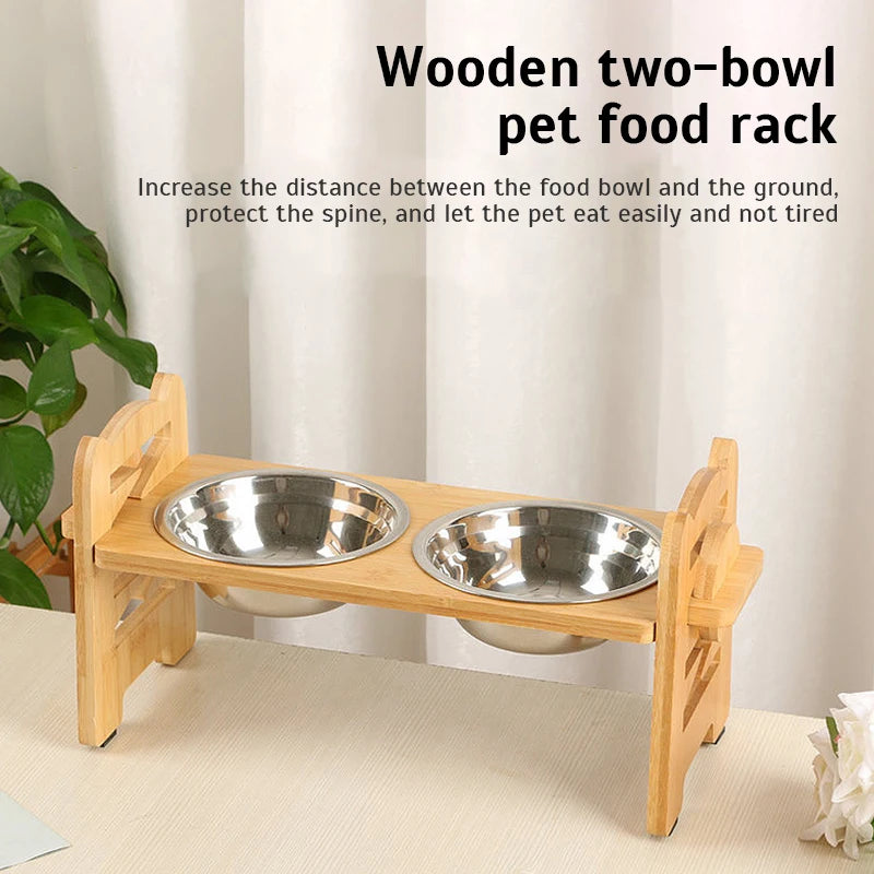 Elevated Dog Bowls Bamboo Tilted Adjustable Dogs Feeder Stand with