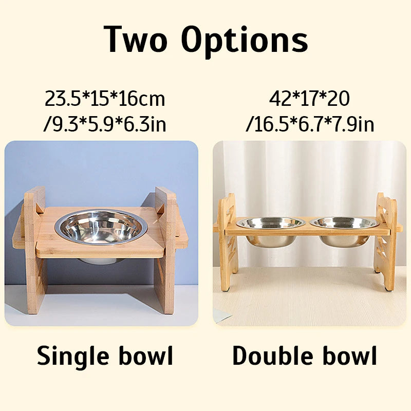 Elevated Dog Bowls Bamboo Tilted Adjustable Dogs Feeder Stand with