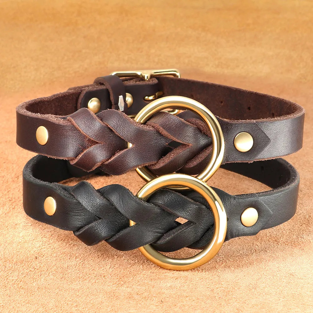 Genuine Leather Dog Collar Leash Set Braided Durable Leather Dog