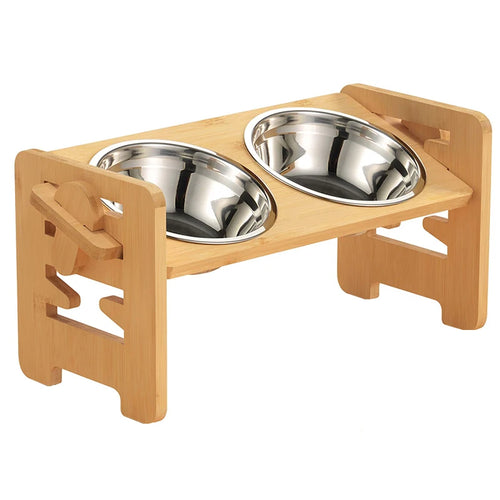 Elevated Dog Bowls Bamboo Tilted Adjustable Dogs Feeder Stand with