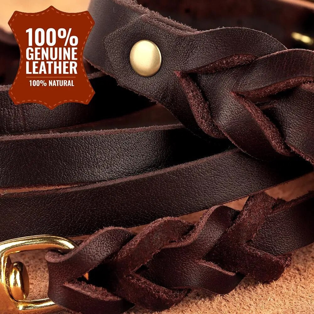 Genuine Leather Dog Collar Leash Set Braided Durable Leather Dog