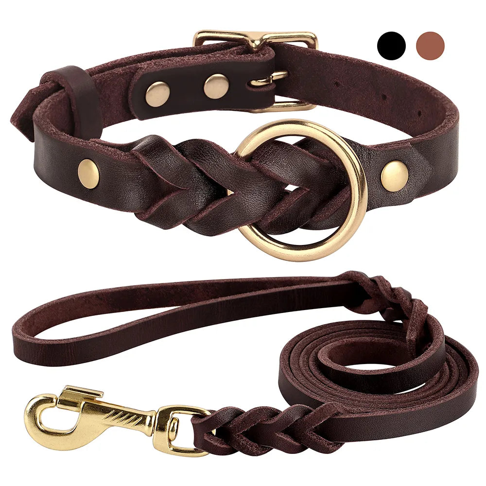 Genuine Leather Dog Collar Leash Set Braided Durable Leather Dog