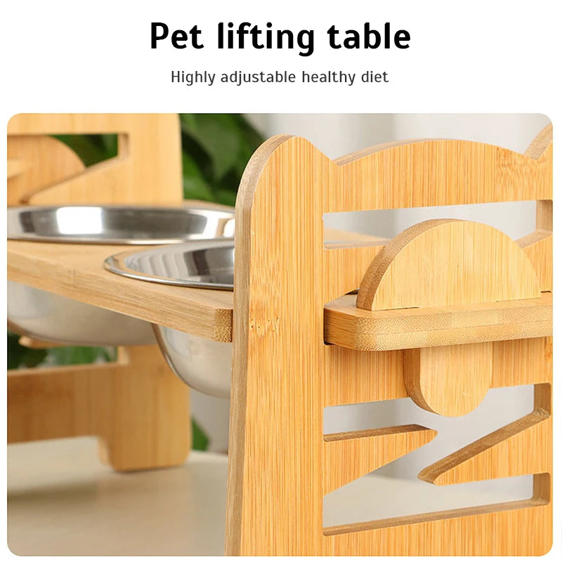 Elevated Dog Bowls Bamboo Tilted Adjustable Dogs Feeder Stand with