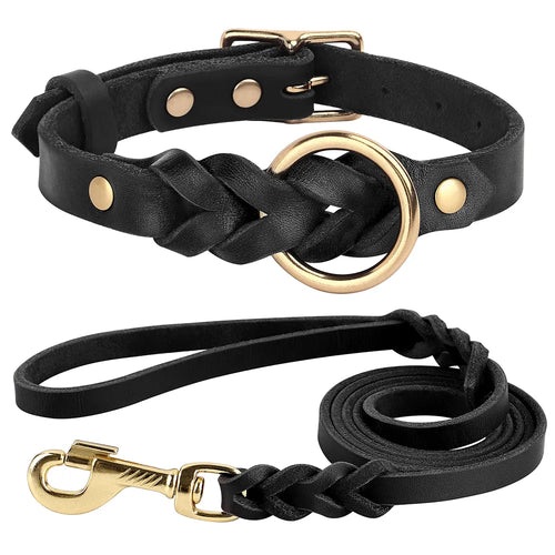 Genuine Leather Dog Collar Leash Set Braided Durable Leather Dog